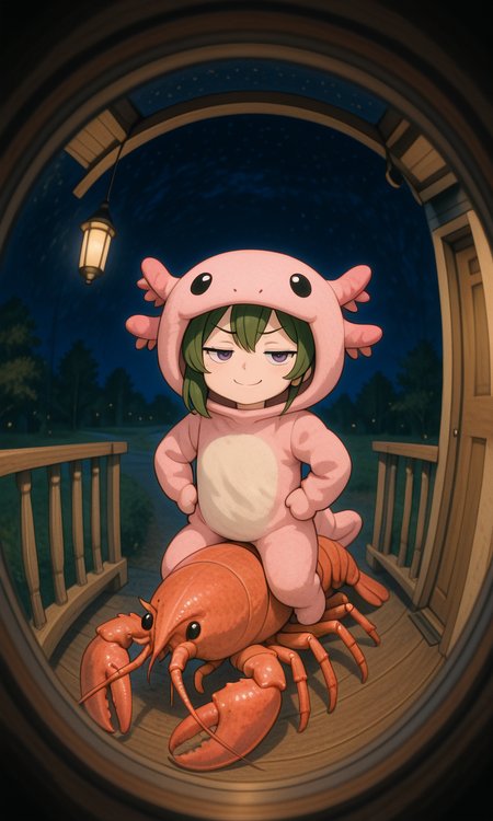 embedding:IllusP0s, pov peephole, riding lobster, fisheye, axolotl costume, ubel_\(sousou no freiren\), smug green hair, purple eyes, night, hands on own hips,<lora:pov peephole_riding lobster_fisheye_illustrious.safetensors:1.0:1.0> <lora:axolotl costume_illustrious.safetensors:1:1>