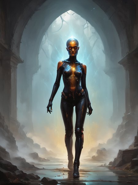 score_9, score_8, score_9_up, content_explicit, high quality, high contrast, realistic, masterpiece, best quality, hires, very aesthetic, 
pitch black, black oil, obsidian, gold geometric patterns, (sci-fi illustration by beksinsk:1.3), sabu \(sabudenego\), (photorealistic Alien creature emerging from a dark tunnel:1.2), luminescence, radiant, dynamic complex composition, cinematic, intricate, detailed background, glistening, glossy, (shiny skin:1.3), <lora:Digital Art Style SDXL_LoRA_Pony Diffusion V6 XL:0.8>