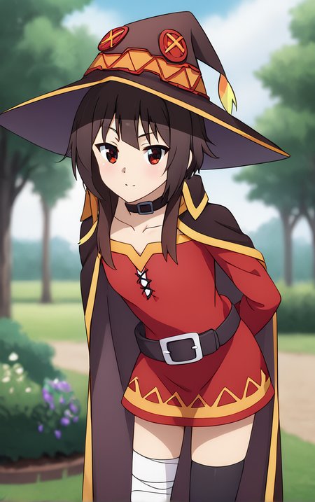 score_9, score_8_up, score_7_up, score_6_up, looking at viewer,  BREAK
MainOutfit_Megumin_ownwaifu, 
1girl, brown hair, megumin, short hair with long locks, witch hat, red eyes, collar, collarbone, bangs,
cape, red dress, fingerless gloves, black gloves, belt, bandaged leg, single thighhigh, black thighhighs, asymmetrical legwear, black cape, mismatched legwear, black headwear, black belt, long sleeves, detached sleeves, short dress,
(leaning forward, arms behind back), cowboy shot, garden, wisteria, outdoors, <lora:PONYXL_KonoSuba_Megumin_ownwaifu:0.85> , depth of field, solo,