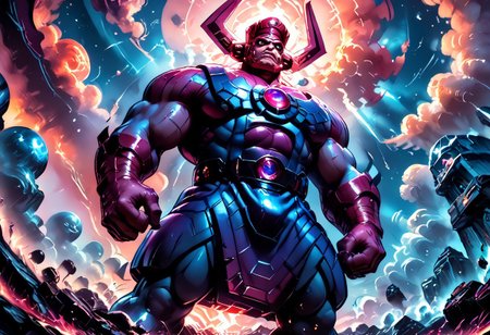 score_9, score_8_up, score_8, score_7_up, score_7, rating_safe, 1man, size difference, super scale, in the heavens, sky being, gigantic, colossal, huge, enormous, dwarfing the earth. above the clouds, celestial being, 
An anime-style, comic-inspired illustration capturing the head of Galactus looming ominously in the sky above a sprawling modern city skyline at dusk. Towering skyscrapers are dwarfed by his colossal presence, with swirling clouds and a dark, brooding color palette emphasizing the sheer scale and power of this cosmic entity. The mood is foreboding and filled with dread, as the citizens below witness Galactus’s massive, otherworldly form dominating the horizon in dramatic detail