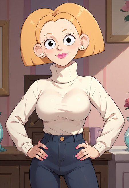 ((room background)),score_9, score_8_up, score_7_up,score_6_up, 
1girl, solo, Tiffany_C, light skin, black eyes, blonde hair, medium voluminous hair, white pearl earrings, pink lipstick, pink nails, cream turtleneck sweater, dark blue pants, black flat shoes, cute, tall stature, social smile, perfect eyes, perfect smile, looking at the viewer, detailed eyes, perfect eyes, standing, big breasts (front pose, front view, bust shot) five fingers, perfect hands, hands on hips