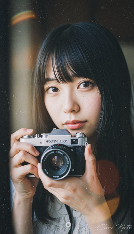 Japanese Culture Style, Emotional Photos, 35mm film, A Japanese woman holding a retro camera