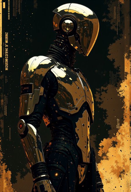 Highly detailed glitch art half-length portrait of a metallic robot. The robot’s matte metal body is composed of sharp, angular plates with gaps revealing glossy black latex beneath, creating a striking contrast between the rigid metallic exterior and the smooth, flowing latex underneath. The interplay of the exposed latex and layered metal plating adds depth and complexity to the design. The background features abstract digital elements, including fragmented texts, cascading glitch effects, and shifting digital distortion, enhancing the chaotic, futuristic atmosphere. Depth of field emphasizes the robot’s textures, highlighting the tension between the sharp edges of the metal and the glossy, flexible latex visible in the gaps. robotics lab detailed background, gradient smoke, showers of sparks from fused steel»