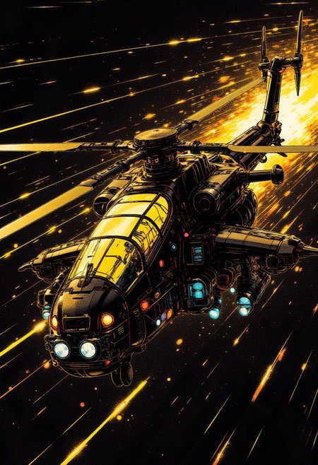 silhouette art, chiascuro, a_skynet_cyberdyne_systems_craft, the image is featuring a futuristic, highly advanced attack helicopter moving rapidly in the air. The hull is made of a dark gunmetal alloy with rivets, bolts, glowing LEDs and diodes, and the helicopter has large guns mounted on the exterior; the cockpit shows glowing led lights, and has a large air intake, motion blur on the rapidly spinning propellor blades (black with yellow highlights), two-man crew visible through the cockpit window, ck-rw, in the style of ck-rw, inksketch