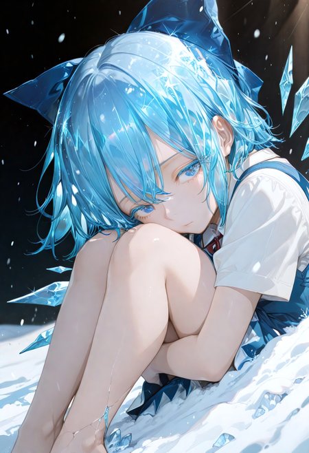 safe_pos, perfect quality, best quality, absolutely eye-catching, cinematic, (masterpiece), (ultra-detailed), Soft lighting, very aesthetic, illustration, perfect composition, ultra detailed face, detailed eyes, 
1igrl, cirno, barefoot,
close up, upper body, looking at viewer,
crystal hair, shiny hair, colored eyelashes, crack,
freeze, full body,
snowfield, snowing, dark sky,
no expression
