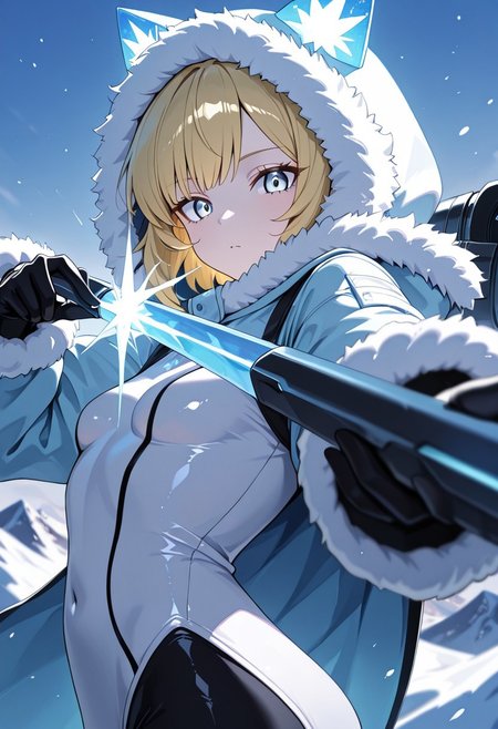 masterpiece, best quality, good quality, very aesthetic, absurdres, newest, 8K, depth of field,  in the style of cknc, artist:moriimee, in the style of cksc, 
1girl, pale skin, long blonde hair, loose, icy blue eyes, small breasts, perky, fur-lined hood, glossy skin, aiming bow, looking at viewer, from side
BREAK
snowy mountain peak, wind howling, ice glittering
BREAK
cool tones, frosty glow, high contrast, sharp details, rich textures, fierce atmosphere