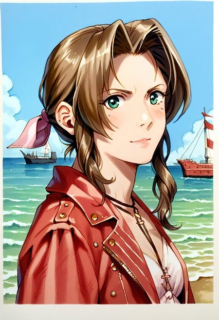 Bpb1,traditional media,2d,Score_9, score_8_up, score_7_up, score_6_up  ,(aer1th:1.2), 1girl, portrait,detailed, at a seaside port, ocean, ships,  short brown hair down,middle part, wonder, cropped red jacket, pink dress, looking at viewer, realistic, small breasts