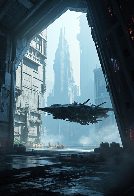 UNI_SCI_FI_CORE, sai-digital art, sai-cinematic, 32k UHD sci-fi fantasy movie still, a futuristic fighter-style hovercraft exiting a futuristic urban tunnel outside a sci-fi city with massive buildings, cinematic realism, insanely detailed,  intricately detailed, texture, A digital painting in the style of ck-js