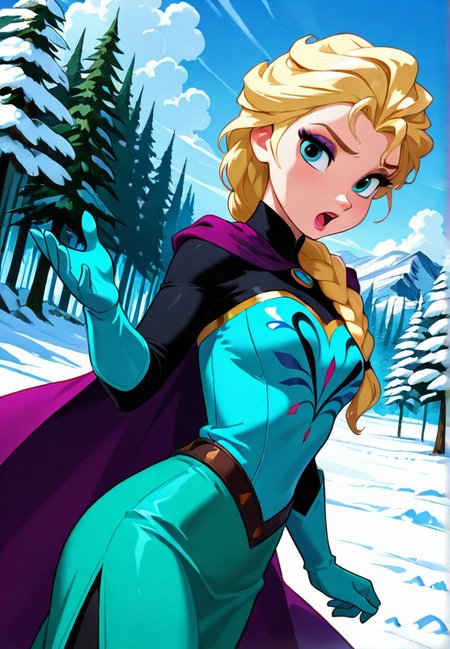 masterpiece, best quality, amazing quality, very aesthetic, absurdres,  newest, detailed background, cowboy shot, forest, snow, sky, clouds, wind, dynamic angle
elsadisney, solo, looking at viewer, short hair, blue eyes, blonde hair, gloves, single braid, purple cape, lips, makeup, lipstick, eyeshadow, blue gloves, elbow gloves, green skirt, hair over one shoulder, single braid, long hair, hair over shoulder, open mouth, 1girl
 <lora:Elsa_-_Disney_Illustrious-000006:1>