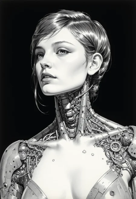 highly detailed and hyper realistic black and white drawing of a young woman with short hair and large, expressive eyes. Her skin is fair, and she has a slender physique. The woman is adorned with intricate, metallic cybernetic implants and wires that wrap around her neck and shoulders, giving her a futuristic, robotic appearance. The background is plain and dark, which contrasts with the metallic textures of the implants. The lighting is soft and even, highlighting the smooth texture of her skin and the glossy sheen of the metal. The camera angle is a three-quarter view, emphasizing her facial expression and the detailed craftsmanship of the cybernetic enhancements. 
 <lora:arti_monopencildrawing_v01-000008:0.8> artipencil01 <lora:sameface2:-0.5>  <lora:artisketchyfs-v02:0.5>  <lora:CPA:0.5> anime, cyberpunk