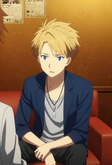 high resolution, professional photography, best quality, 1Boy, Yamato Ishida, blond hair, deep blue eyes, necklace, lovely, deep talk, helpless. sit, couch, OverallDetail