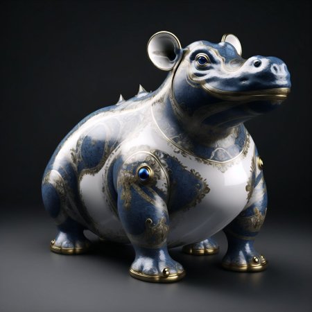 <lora:porcelain_gzhel:1.0>,  (porcelain, Gzhel, rococo:1.0), Hippopotamus - A hefty, gray-skinned animal with a wide mouth, two sharp teeth, and tiny eyes.
