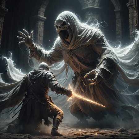 mage fighting a huge ghost made of mad-wsps in dark dungeon, Bosstyle, dynamic pose, cinematic shot, dramatic lighting<lora:Wisps_of_Light_SDXL:0.5> <lora:XL_boss_battle:0.8> 0.6>, masterpiece, best quality, ultra high res, (photorealistic, realistic:1.2), deep shadow, raw photo, film grain, Fujifilm XT3, 8k uhd, dslr