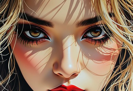 magnificent, photorealistic ink art image in the style of a movie poster, crisp lines, an extreme closeup image of the eyes of a stunning oriental young woman, blonde loose hair, red lips, dark eyeshadow