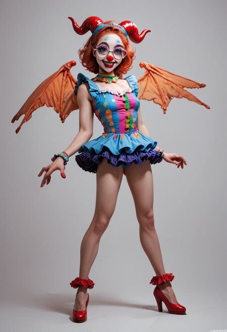 score_9, score_8_up, score_7_up, score_6_up, 
1girl, clown girl, 
roundglassesb, big round glasses, 
slim, slender, long legs, 
clown suit, frilly skirt,
wings, fangs, horns