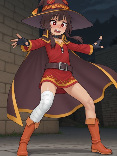 F8CH8R, masterpiece,best quality,amazing quality,very aesthetic,absurdres,ultra detailed face,ultra detailed eyes, perfecteyes, <lora:SlaveTunicOutfit_Illustrious:0.8>, slavetunicoutfit, 1girl, solo, megumin, action pose