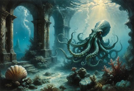 An intricate details, detailed realisti texture, best quality art by (petrus van schendel) (Hans Larwin) and (dorian cleavenger),  (luis royo), a underwater, clear water, water bubbles, steam vent, coral reef, seashell, seaweed, leviathan tentacle monster creature, cthulhu (kraken) with tentacles, underwater (ancient ruins) in the distance,<lora:Kodak Motion Picture Film Style v4:1> <lora:add_detail:0.8> <lora:aesthetic:0.8> <lora:LaxpeintXL-2.0:0.5> <lora:extremely_detailed:0.5> <lora:Desolation:0.3>