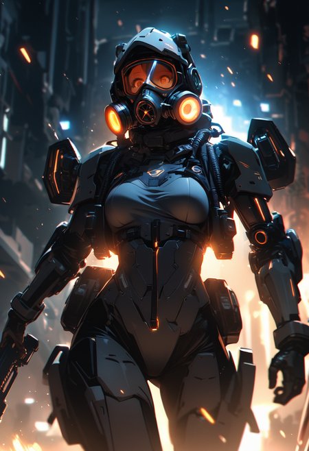 (best quality), future, 1girl, solo, exoskeleton suit, led, gas mask, holding blade, machinery, digital engraving, deep glow effect, hdr, light particles, cinematic lighting, depth of field