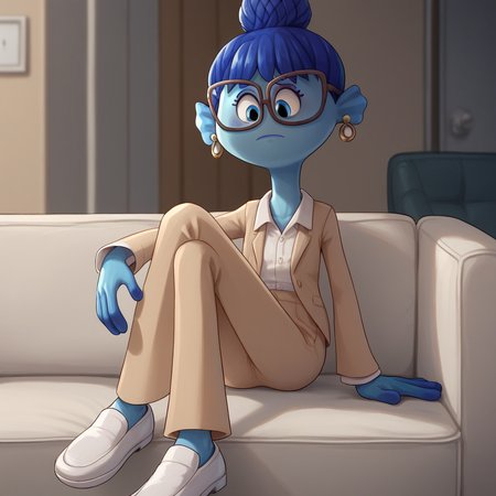 score_9_up, score_8_up, BREAK, AgathaGillman, 1girl, solo, blue hair, single hair bun, colored skin, blue skin, blue eyes, glasses, earrings, shirt, beige suit, pants, white footwear,  <lora:AgathaGillman_PXL_Leaf1:1>, indoors, sitting on couch, depth of field,