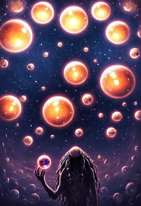 flowing hair, braided hair, 
beautiful monster, 
in space, black body,
shining eyes, (large eyes), golden jewelry, 
face focus,
planet in foreground, planet, 
star shaped eye,
no mouth, no nose, 
golden threads around body,
from below, 
holding orb in hand, 
from side, 
interacting with orb, 
leaning forward, dynamic angle
Expressiveh, dark, low-key, chiaroscuro