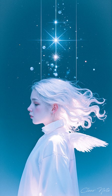 White haired angel girl. Offering prayers to the starry night sky.