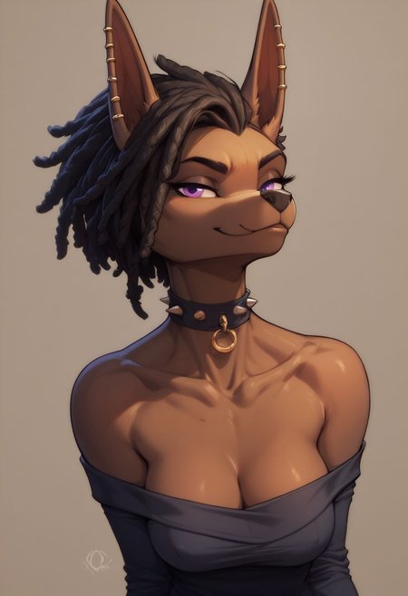 score_9, score_8_up, score_8, 1girl, anthro, dark skin, dark fur, dark hair, natural breasts, purple eyes, smooth, smug, from behind, clothed, highly detailed, perfect, high quality, posing
