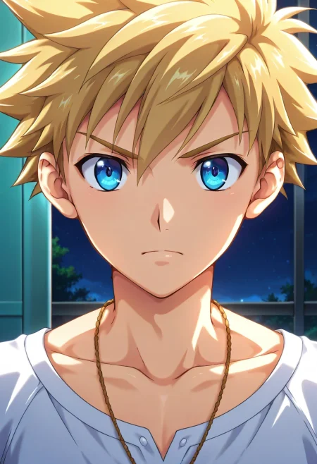 masterpiece, best quality, anime screencap, 1boy, solo, male focus, <lora:connor_bleufin_ilxl:0.94>, connor_bleufin, blonde hair, blue eyes, short hair, spiked hair, , necklace