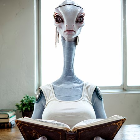 PDXLxxx, score_9, score_8_up, score_7_up, score_6_up,  source_furry, source_monster, rating_safe, raw, photo, 1dk, portrait, huge breasts<lora:kaminoan:1>kaminoan, alien, long neck, full body, reading a book,