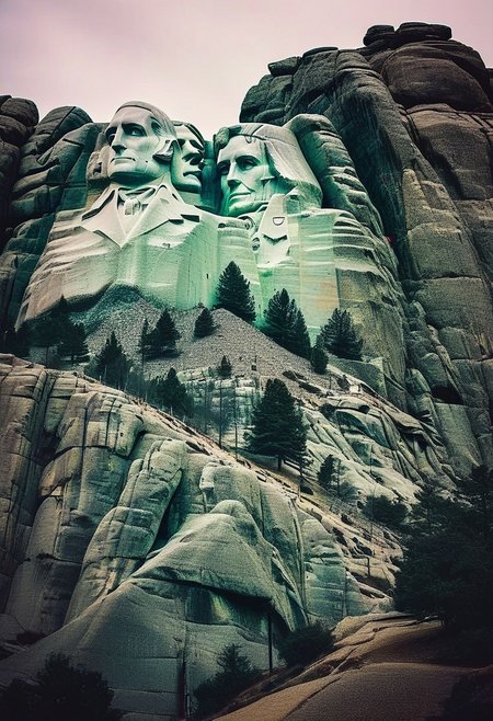 ()Hyoer Realistic:2.0)Polaroid picture 
 (Cyberpunk future theme:1.67) The Mount Rushmore National Memorial is a national memorial centered on a colossal sculpture carved into the  the Black Hills near Keystone, South Dakota,