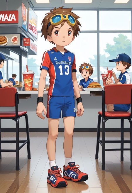score_9, score_8_up, score_7_up, zPDXL2, 
,
1boy, solo, goggles on head, brown hair, volleyball uniform，full body,Fast Food Restaurant