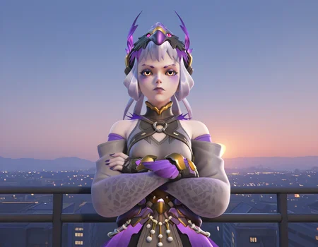 Masterpiece, high-res, 2k, best quality, 2.5d, 1girl,   yatagarasukiriko, kiriko (overwatch) <lora:yatagarasu_kiri_illus-000046:1> Arms crossed over the chest looking serious, Illuminated Cityscape at Sunset