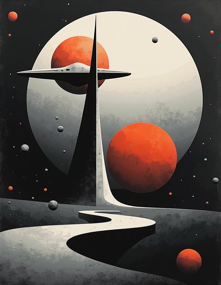 abstract art of Geometric shapes suggesting a space station, large circle representing gas giant, scattered small circles for asteroid field. Monochromatic color scheme with strong contrast