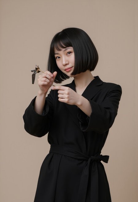 Asian girl. with a black bobcut.dressed as a 
ninja, throwing a shuriken, FictionalAyumi