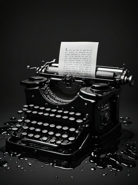A haunting image of a vintage typewriter, with the keys and letters melting into black goo, as if the words themselves are alive and escaping, taken with a Hasselblad X1D for crisp detail <lora:Black_Goo:0.7>  <lora:EnvyBetterHiresFixXL01:0:hr=1>