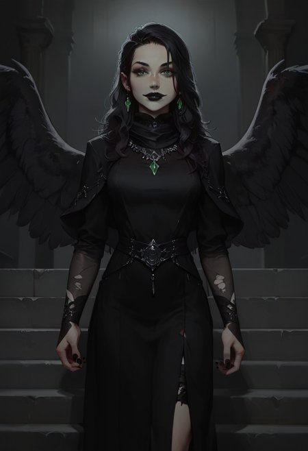 score_9, score_8_up, score_7_up, concept art, realistic, dark theme, perfect quality, masterpiece, highly detailed, low light, Expressiveh, 4kFacePonyXL, ng_deepnegative_v1_75t,
anatomically perfect, bhands, glowing, neon lights,
portrait, gothic fantasy style, wide gothic grey marble staircase, outdoor scene, 
1girl, 30 years old woman, solo, tall regal figure, slender body, fit athletic body, beautiful face, pale skin, black boots, slightly torn elegant long black robes, thick robes, rags, robes covering body from neck to ankle, black scarf, holes in robe, dark black messy hair with gray streaks, waist length hair, long hair, large sexy eyes, vibrant green eyes, black nail polish, standing at top of the staircase, black wings, black lipstick, soft smile, silver ring with ruby stone, silver diamond earrings, silver necklace with ruby medallion, looking at viewer,