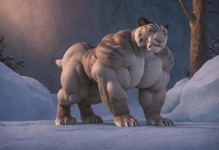 score_9, score_8_up, score_7, score_6_up, score_5, 
snow and ice and forest walls in background, solo,
<lora:J_cartoon:0.6>
 <lora:Furry_Lora_Shira_Ice_Age:0.6>
BREAK
(shira:1.2, saber-tooth tiger),  fangs, green eyes, ice age, furry body, silver-grey fur with black stripes, 
smiling at viewer
Muscle, bigger_muscles, large_muscles, hyper_muscles, huge_muscles,hyper muscles, huge_muscles, biceps, sassier, hot, larger_biceps, muscle_fur, Furry muscles growth,Furry hyper muscles biggest, enormous_muscles, huge_biceps, huge_pecs; huge_muscles, gigantic_muscles, gigantic_body, amzn_mscles, muscular