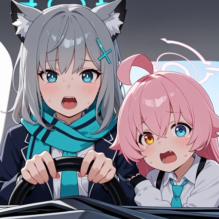 (masterpiece, high quality, amazing detail), highres, (very awa:2), power crashes kobeni's car (meme), car interior, 2girls, multiple girls, shiroko \(blue archive\), hoshino \(blue archive\),  holding, steering wheel, look at viewer, crying with wide eyes open, nervous sweating, from front <lora:power_crashes_car_meme-10:1>