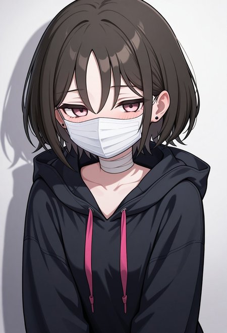 masterpiece, best quality, 32k, high resolution, absurdres, imashino misaki, stud earrings, bandaged neck, jewelry, collarbone, blush, hoodie, black hoodie, hood down, hooded jacket, mask
