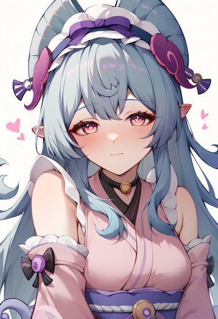 score_9,score_8_up,score_7_up,<lora:yumemizuki_mizuki_pony-000010:1>,yumemizuki mizuki, 1girl, solo, white background, simple background, holding fan, looking at viewer, ear blush, closed mouth, frilled hairband, medium breasts, pink sleeves, detached sleeves, highres, obi, nihongami, heart, commentary request