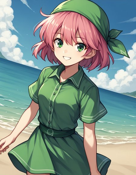 score_9, score_8_up, score_7_up, source_anime,
lennacharlottetycoon, <lora:lenna-charlotte-tycoon-ponyxl-lora-nochekaiser:1>,
short hair, green eyes, pink hair,
piratelenna, skirt, shirt, bandana, green bandana, green shirt, collared shirt, short sleeves,
outdoors, beach, smile,
looking at viewer, solo, cowboy shot, dutch angle,