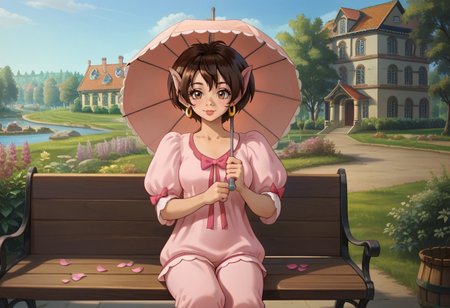 safe_pos, score_9, score_8_up, score_7_up, detailed dace, detailed eyes, 1girl, solo, n41n4, brown hair, short hair, brown eyes, animal ears, earrings, bow, pajamas, pink shirt, puffy sleeves, pink pants, bloomers, umbrella, park, bench, sitting, petals, wind, day, cowboy shot,