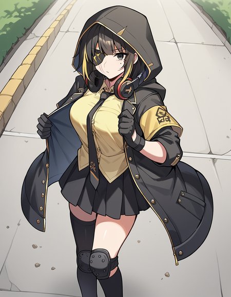 score_9, score_8_up, score_7_up, source_anime, <lora:girlsfrontline-m16a1-ponyxl-lora-nochekaiser:1>, m16a1, black hair, long hair, black eyes, streaked hair, yellow hair, bangs, braid, braided ponytail, eyepatch, mole, mole under eye, scar, scar on face,, armband, asymmetrical legwear, black gloves, black jacket, black legwear, black skirt, buttons, gloves, headphones, headphones around neck, hood, hooded jacket, jacket, knee pads, necktie, skirt, strap, unevent legwear, shirt, yellow shirt, hood down, mature female, medium breasts,, dirt road, rural, path, dust, nature, , from above,, looking at viewer, solo,, dutch angle, cowboy shot