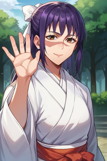score_9, score_8_up, score_7_up, score_6_up, score_5_up, score_4_up, rating_questionable, , source_anime, digital illustration, pixiv, fanbox, uncensored, , BREAK, official art,
1girl, solo, female, utahime, purple hair, brown eyes, hair ribbon, face scar,
japanese clothes, miko, upper body, waving, outdoors, light smile, cowboy shot, looking at viewer, colorful, vivid,,   <lora:Utahime_Iori_Pony_Large-09:1.0>