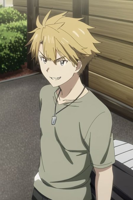 photorealistic, (4k), extremely detailed, hyper detailed, high resolution, professional photography, best quality, ((1boy)), solo, ((male focus)), easynegative, males, outdoor, Yamato Ishida, dark, T-Shirt, candid photo, angry, smile, anime, necklace, bracelet