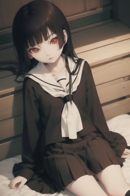 Enma Ai, 1girl, pale skin, wide sleeves, from above, masterpiece, best quality, 1girl, solo, school uniform, serafuku, red eyes, black serafuku, skirt, socks, hime cut, sleep at bed