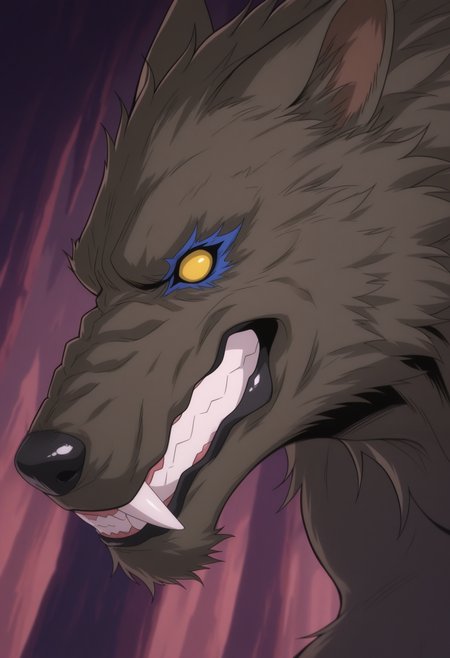 masterpiece,best quality,amazing quality, 1boy, solo, b0ssK, werewolf, brown fur, colored sclera, no pupils, close up, side angle,