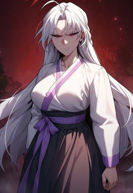 safe_pos, zPDXL3, score_9_up, score_8_up, score_7_up, Anime_source, 1girl, mature body, Seolhwa, red eyes, white hair, long hair, braid, big breast, looking at viewer, seductive, cowboy shot