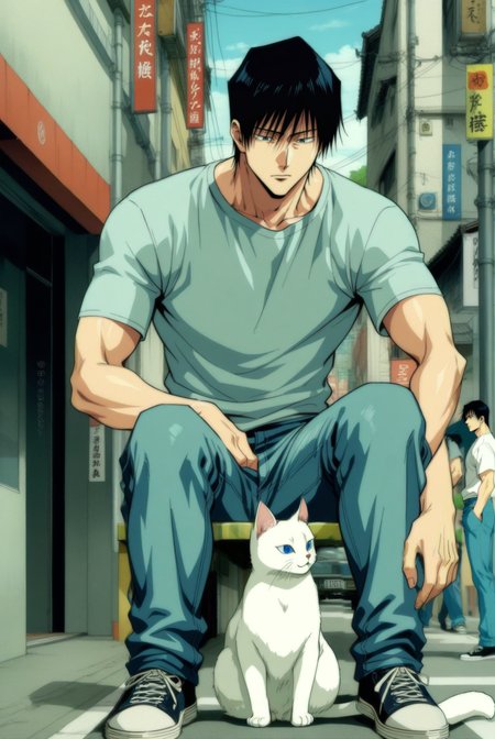 1boy, male focus, fushiguro touji, jujutsu kaisen , (90s anime style:1.5), front view, outdoors, street view, (looking down:1.3), perfecteyes, shirt, denim shorts, (a single white cat sitting next to them) <lora:detailed_notrigger:1> <lora:ParchartXL_CODA:0.2> <lora:Isometric Cutaway:1> <lora:PerfectEyesXL:1> <lora:Surreal Harmony:0.2>