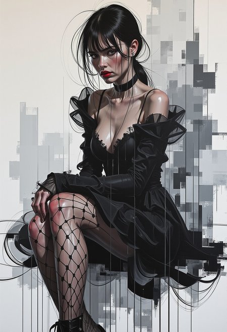 ckbwaw, a digital artwork in the style of ckbwaw, This is a digital artwork created in a mixed media style, blending elements of watercolor and ink, with rich tones and textures.  A Japanese young woman with long hair, bangs, sidelocks sits poised in an intimate setting, her gaze intense beneath the smoky haze of dark eyeshadow. Her deep red lips are striking, accentuating the enigmatic aura she exudes. She wears a ruffled black filmy lace dress that appears almost ghostly against the textured watercolor background. The intricate fishnet stockings add an element of structured geometry, subtly juxtaposing the fluid softness of the dress. The color palette is a blend of deep blacks, crimson accents, and muted gray washes, giving the piece a gothic yet elegant aesthetic. Ink splatters and expressive brushstrokes create movement, as if the figure is dissolving into the very art that forms her.