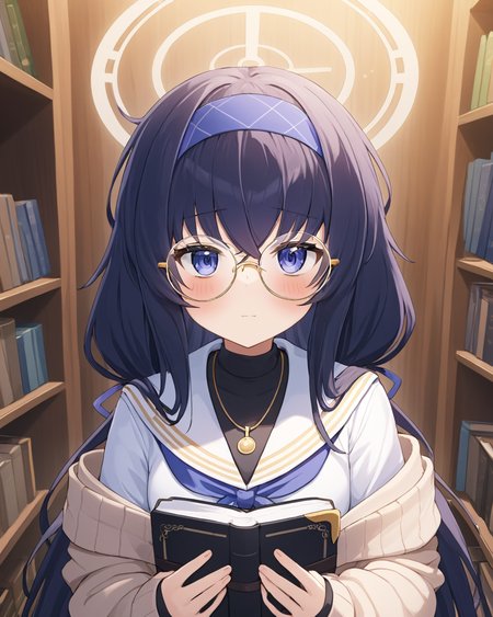 ui \(blue archive\),1girl, holding, bookshelf, book, holding_eyewear, halo, solo_focus, headpat, signature, glasses, cardigan, looking_at_viewer, white_sailor_collar, necklace, long_sleeves, eyewear_removed, light_particles, pov_hands, closed_mouth, blush, 1boy, serafuku, out_of_frame, neckerchief, indoors, blue_hairband, sweater
<lora:ui_(blue_archive)_image2537_2023-11-28:1>halo. gorgeous,key visual, vibrant, studio anime,award-winning, professional, highly detailed,high budget, cinemascope